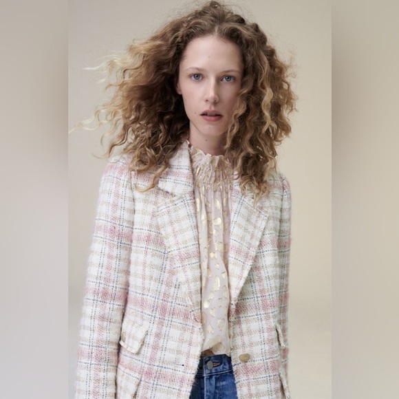 Rebecca Taylor Gabrielle Classic Jacket Plaid Tweed Blazer Sz 6 Pink Tan Cream - Picture 1 of 15